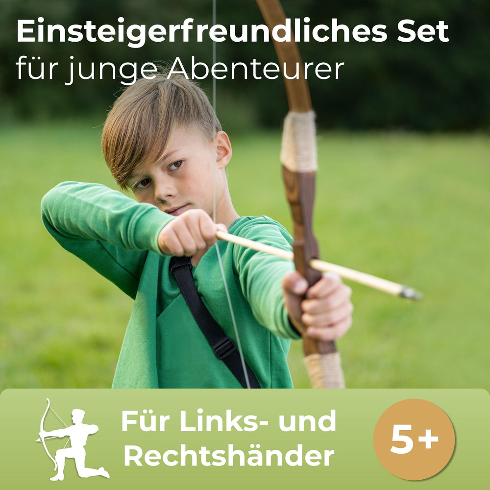 Holzbogen Set mit 10 Pfeilen, Köcher, 3 Zielscheiben und Aufbewahrungstasche - BOWRILLA Holzbogen Set mit 10 Pfeilen, Köcher, 3 Zielscheiben und Aufbewahrungstasche - BOWRILLA#bogenlaenge_85cm