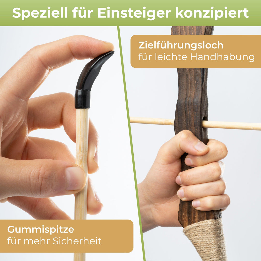 Holzbogen Set mit 10 Pfeilen, Köcher, 3 Zielscheiben und Aufbewahrungstasche - BOWRILLA Holzbogen Set mit 10 Pfeilen, Köcher, 3 Zielscheiben und Aufbewahrungstasche - BOWRILLA#bogenlaenge_85cm