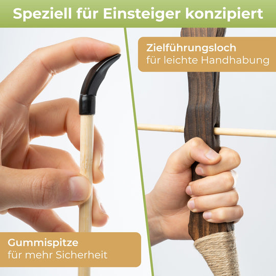 Holzbogen Set mit 10 Pfeilen, Köcher, 3 Zielscheiben und Aufbewahrungstasche - BOWRILLA Holzbogen Set mit 10 Pfeilen, Köcher, 3 Zielscheiben und Aufbewahrungstasche - BOWRILLA#bogenlaenge_85cm