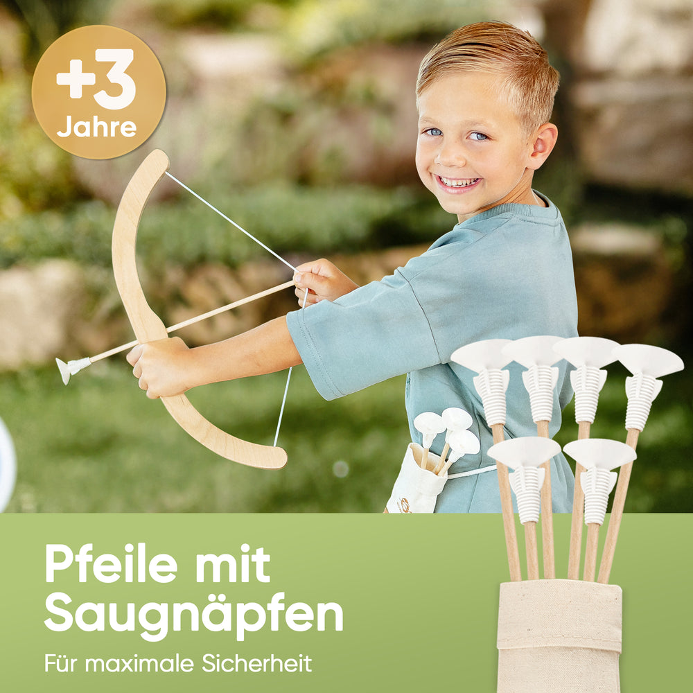 Kinderbogen - Holzspielzeug, mit Saugnapfpfeilen, Köcher & Zielscheibe