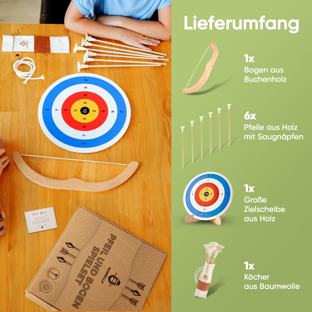 Kinderbogen - Holzspielzeug, mit Saugnapfpfeilen, Köcher & Zielscheibe