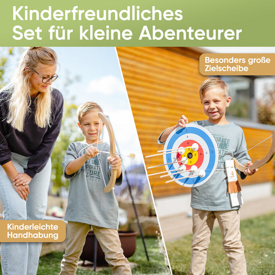 Kinderbogen - Holzspielzeug, mit Saugnapfpfeilen, Köcher & Zielscheibe