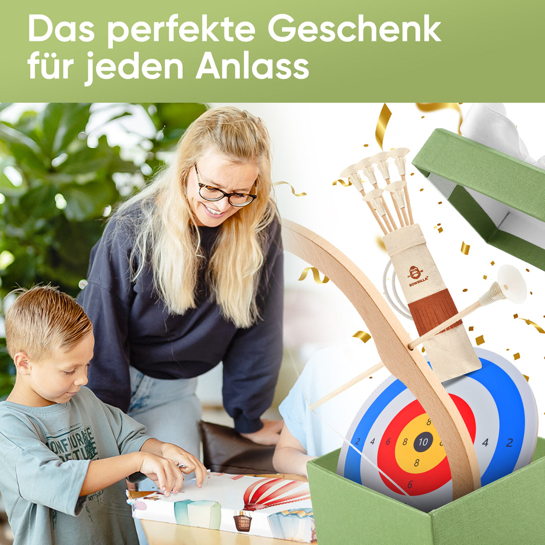 Kinderbogen - Holzspielzeug, mit Saugnapfpfeilen, Köcher & Zielscheibe