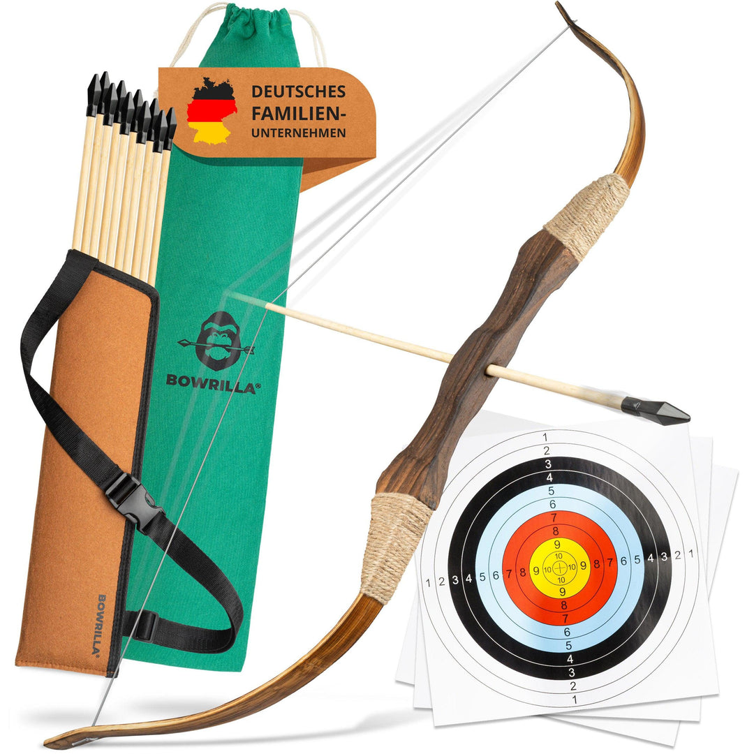Holzbogen Set mit 10 Pfeilen, Köcher, 3 Zielscheiben und Aufbewahrungstasche - BOWRILLA #bogenlaenge_100cm