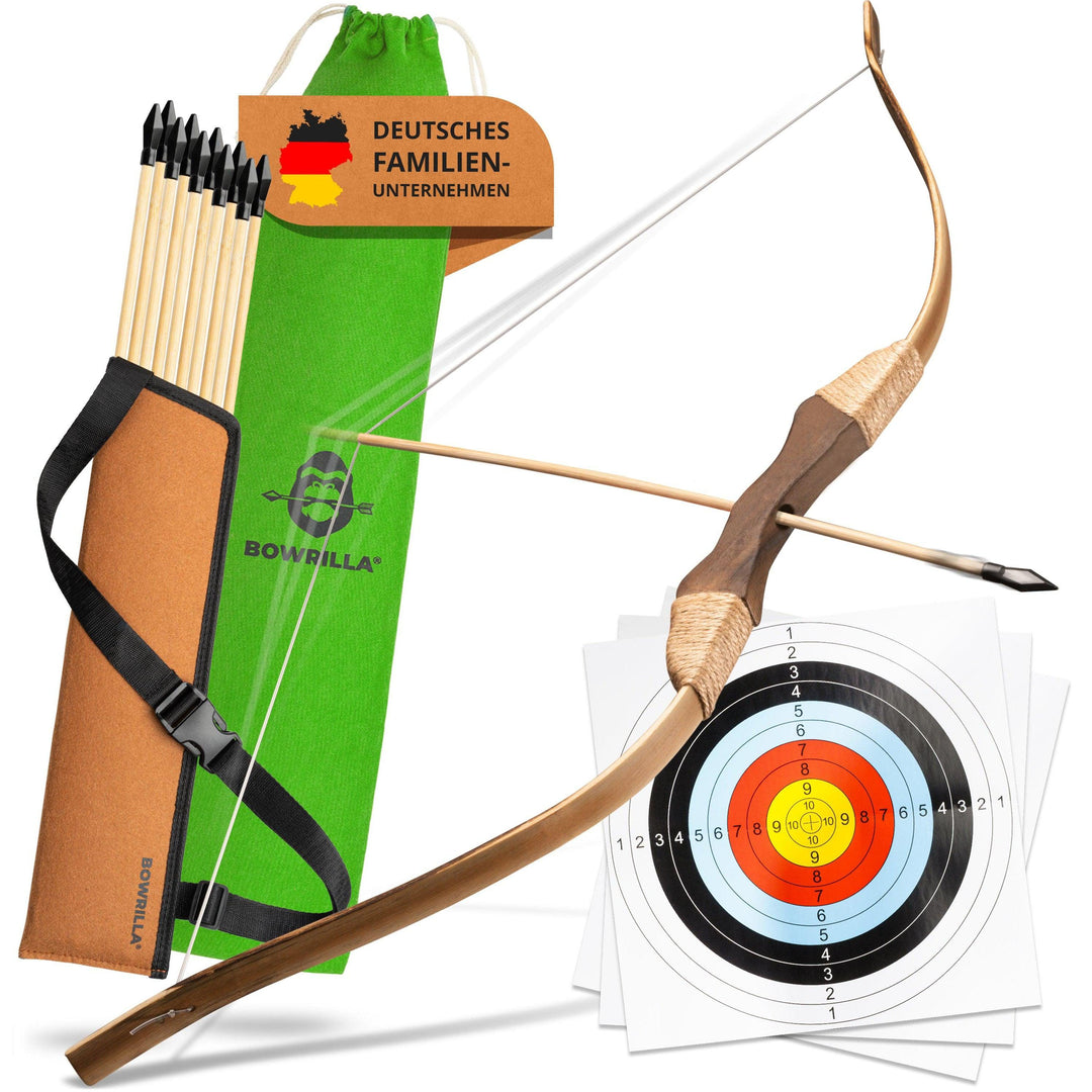 Holzbogen Set mit 10 Pfeilen, Köcher, 3 Zielscheiben und Aufbewahrungstasche - BOWRILLA #bogenlaenge_85cm