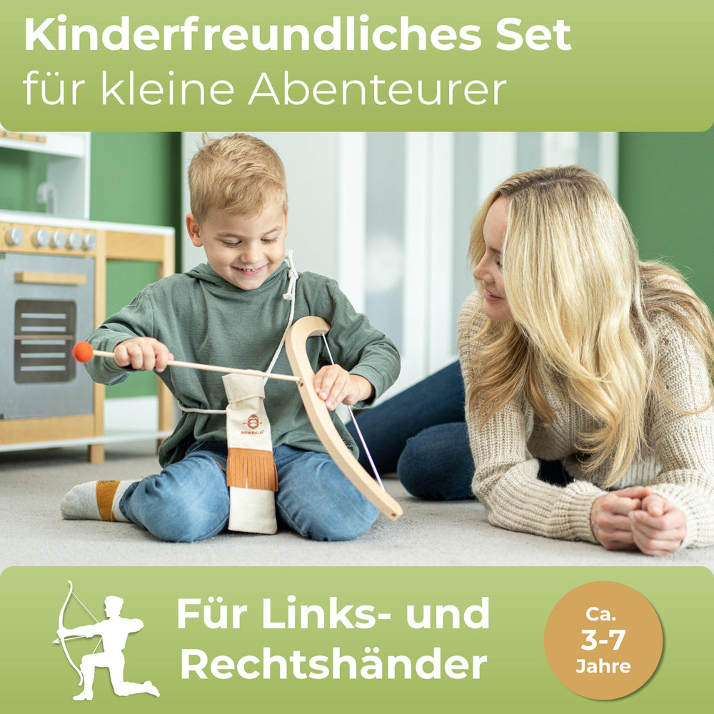 Pfeil und Bogen Kinder Holzspielzeug mit 5 Pfeilen, Köcher und 4 Zielscheiben - BOWRILLA