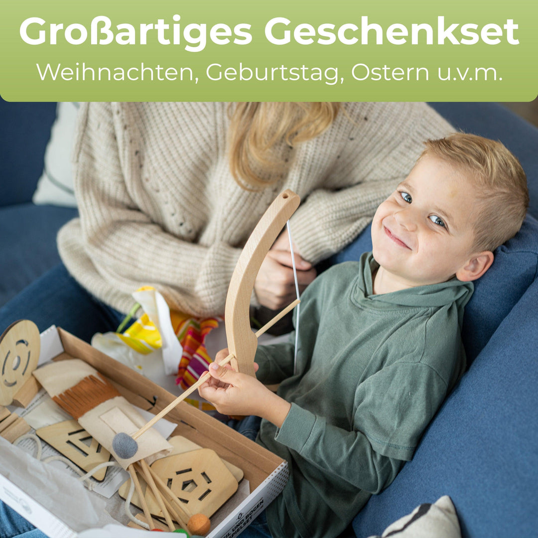 Pfeil und Bogen Kinder Holzspielzeug mit 5 Pfeilen, Köcher und 4 Zielscheiben - BOWRILLA