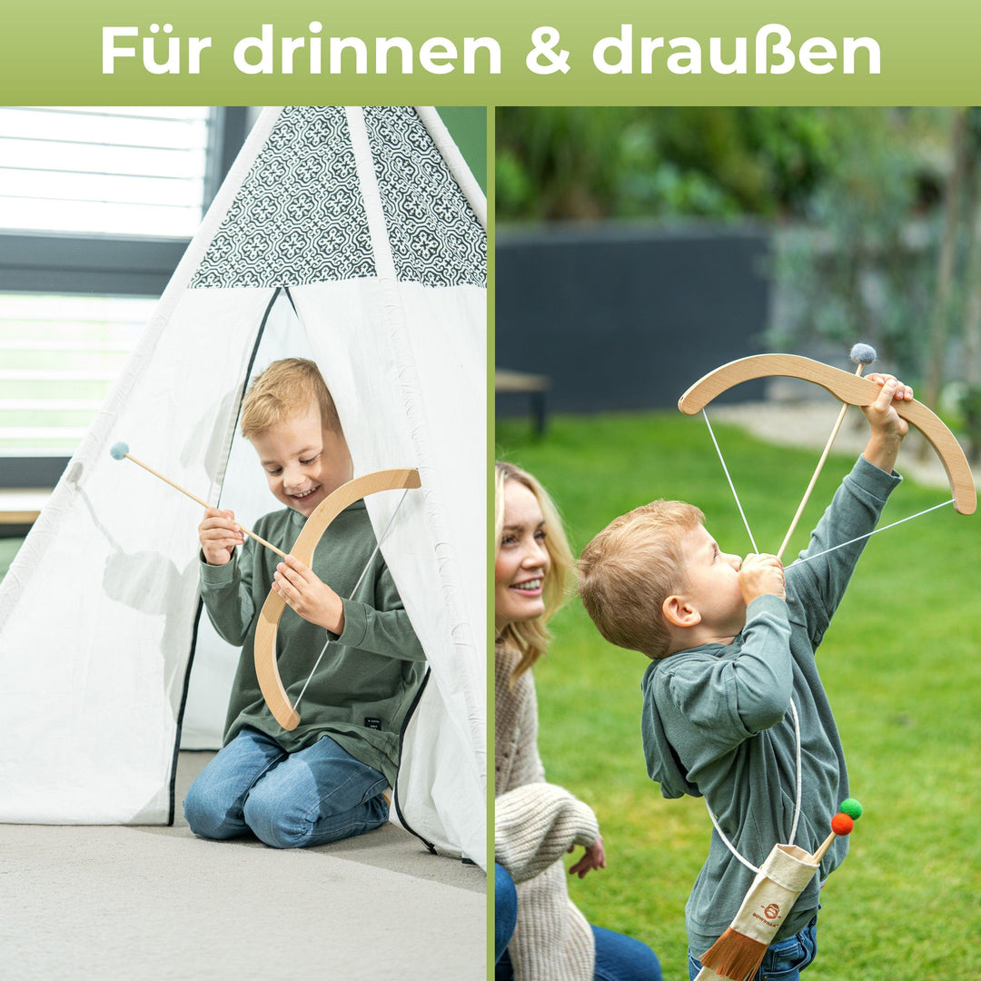Pfeil und Bogen Kinder Holzspielzeug mit 5 Pfeilen, Köcher und 4 Zielscheiben - BOWRILLA