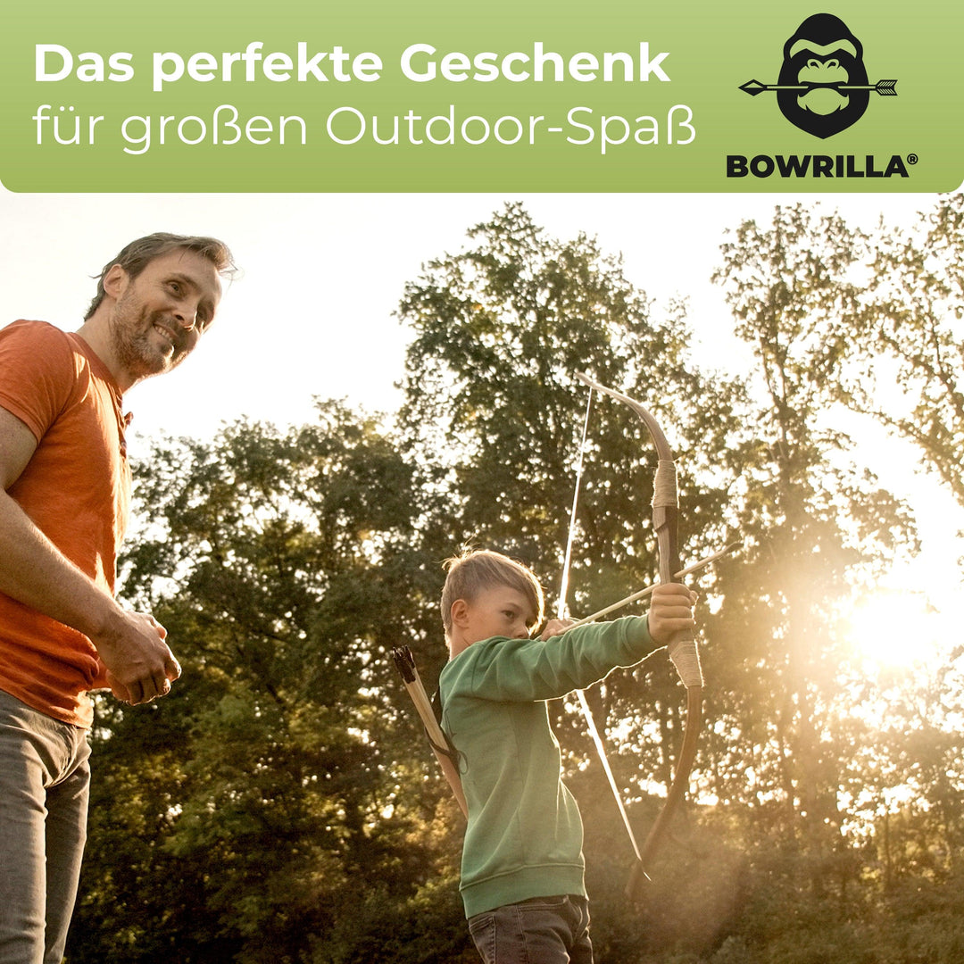 Holzbogen Set mit 10 Pfeilen, Köcher, 3 Zielscheiben und Aufbewahrungstasche - BOWRILLA#bogenlaenge_100cm