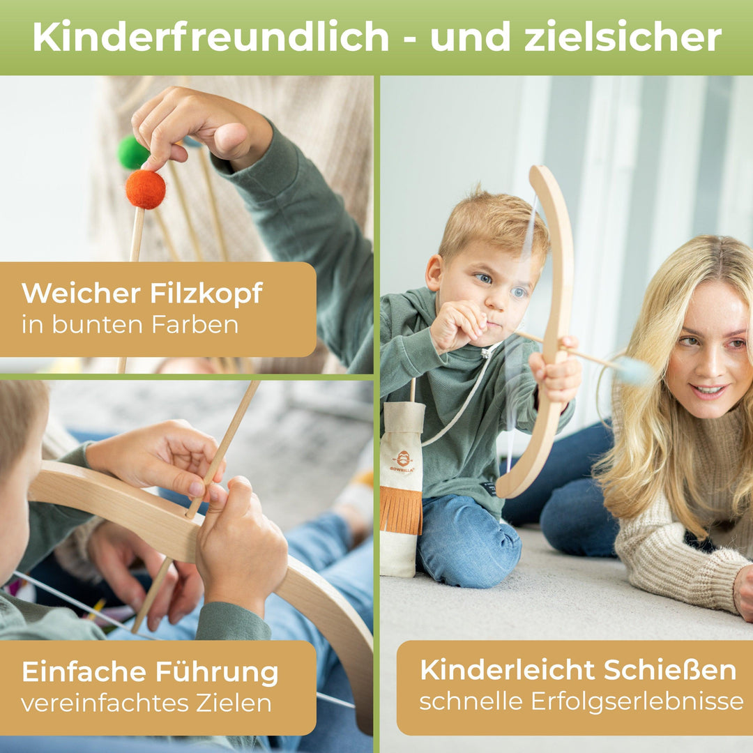 Pfeil und Bogen Kinder Holzspielzeug mit 5 Pfeilen, Köcher und 4 Zielscheiben - BOWRILLA