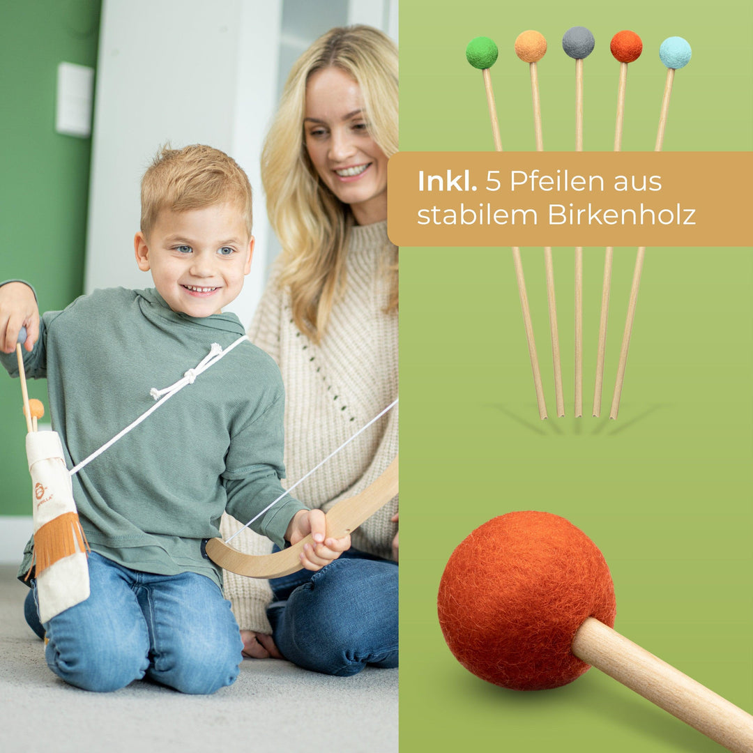 Pfeil und Bogen Kinder Holzspielzeug mit 5 Pfeilen, Köcher und 4 Zielscheiben - BOWRILLA