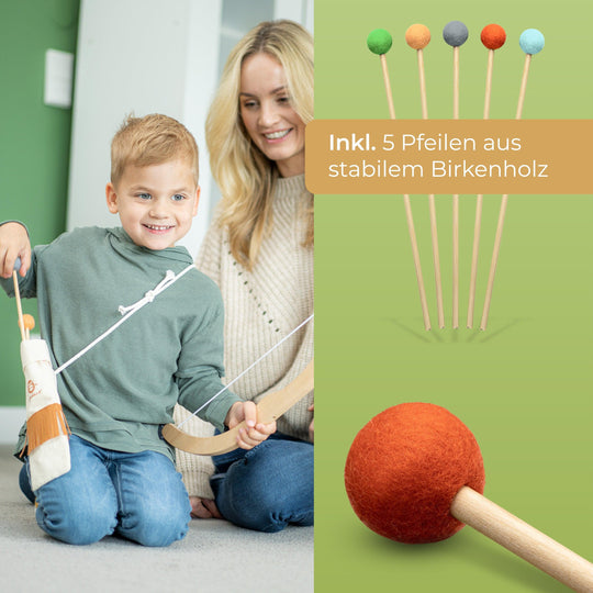 Pfeil und Bogen Kinder Holzspielzeug mit 5 Pfeilen, Köcher und 4 Zielscheiben - BOWRILLA