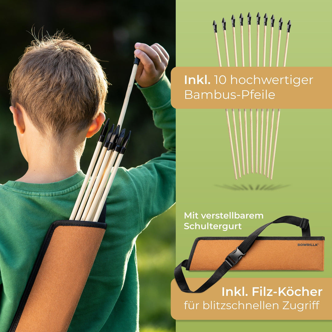 Holzbogen Set mit 10 Pfeilen, Köcher, 3 Zielscheiben und Aufbewahrungstasche - BOWRILLA#bogenlaenge_100cm