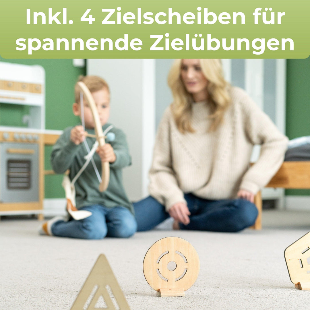 Pfeil und Bogen Kinder Holzspielzeug mit 5 Pfeilen, Köcher und 4 Zielscheiben - BOWRILLA
