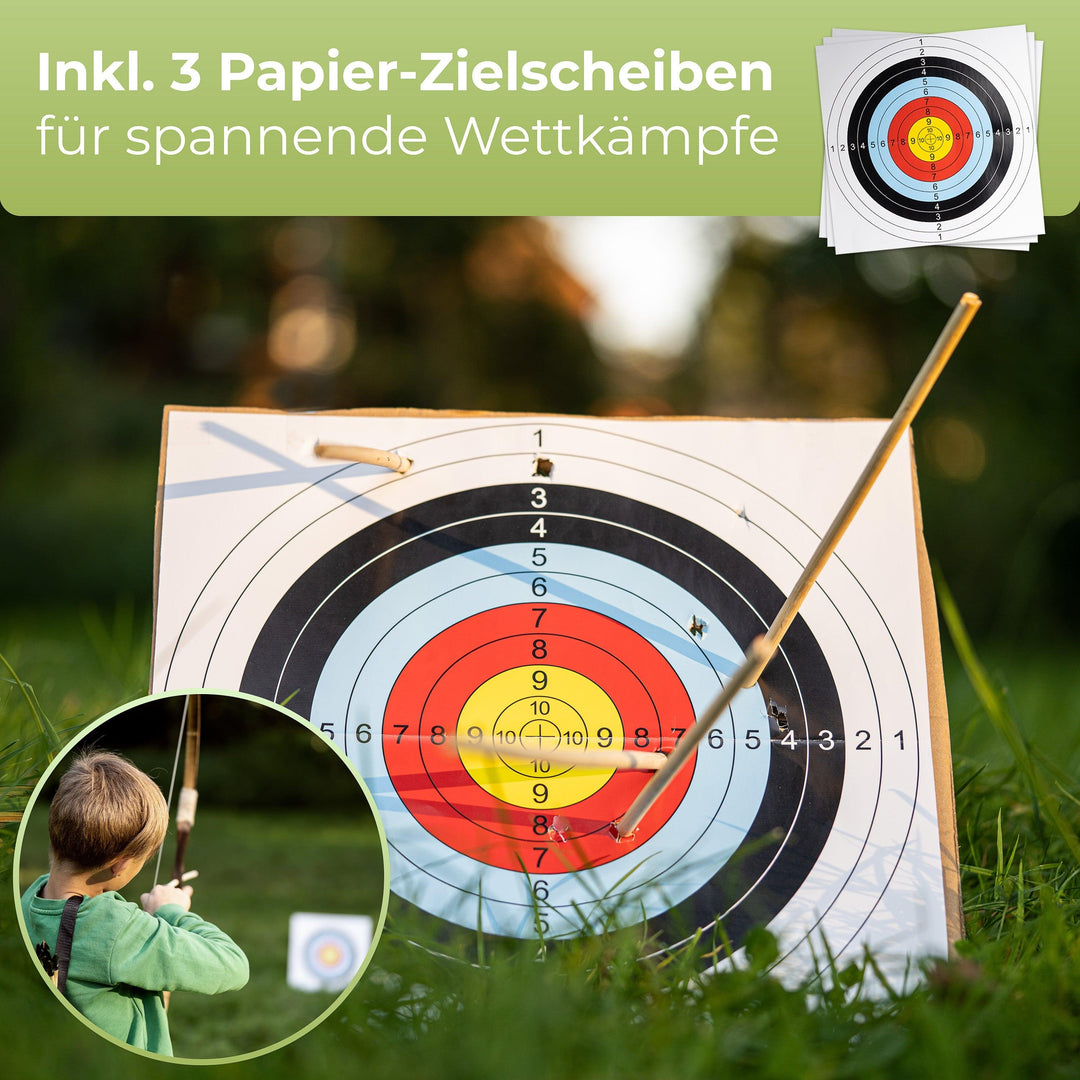 Holzbogen Set mit 10 Pfeilen, Köcher, 3 Zielscheiben und Aufbewahrungstasche - BOWRILLA#bogenlaenge_100cm